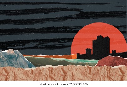 Surreal Collage Composition Made Of Torn Pieces Of Vintage Paper, Craft, Photos. Landscape With Snow-crowned Mountains And Ancient Fortress In Front Of Sun Down Cut Out Fragments. Contemporary Dadaism