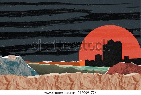 Surreal collage composition made of torn pieces\
of vintage paper, craft, photos. Landscape with snow-crowned\
mountains and ancient fortress in front of sun down Cut out\
fragments. Contemporary\
dadaism