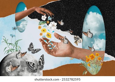 Surreal collage with diverse hands, butterflies, and flowers. Hands reaching through portals, surrounded by butterflies and flowers, nature and environment theme. Nature craft collage illustration. - Powered by Shutterstock