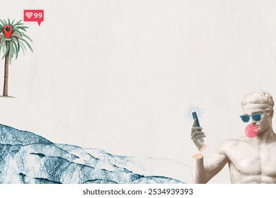 Surreal collage with a statue holding a phone, wearing sunglasses background. A palm tree and social media icons add a modern twist to the classical art theme. Aesthetic background. - Powered by Shutterstock