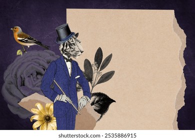 Surreal collage of a tiger in a suit and top hat, with flowers and a bird. The tiger, flowers, and bird in whimsical and elegant scene. Vintage craft paper collage background with copy space.  - Powered by Shutterstock