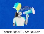 Surreal collage of woman with light bulb head and megaphone. Vibrant colors creative concept. Wpman with light bulb and megaphone for ideas and communication. Woman doing marketing communication idea.