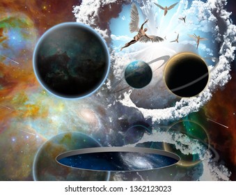 Surreal composition. Armageddon. Asteroids destroy planets. Angels fly in the sky. Opened wormhole to another dimension is Salvation. 3D rendering