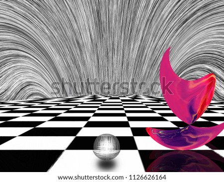 Surreal composition. Pink matter and sphere on chessboard. 3D rendering
