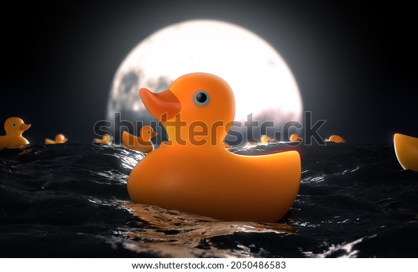 A surreal concept showing a collection of\
rubber ducks on a turbulent surface of water in front of a full\
moon on the horizon at night - 3D\
render