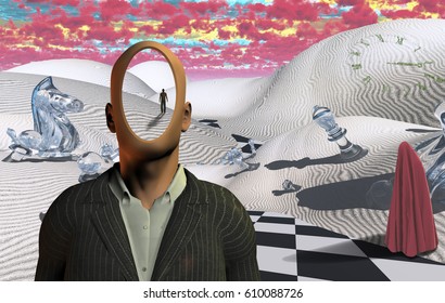 Surreal desert with chess figures. Faceless man in suit. Figure of man in a distance. Red clouds. Figure of man in hijab.     3D Rendering