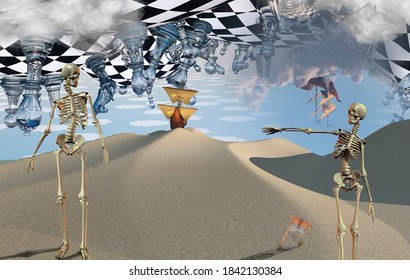 Surreal desert with chessboard and figures. Ancient ship in the sky. Skeletons and hourglass. Ancient ship on a sand dune. 3D rendering