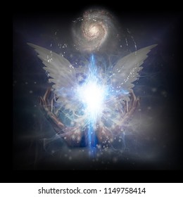 Surreal digital art. Bright star with white angel's wings. Hands of creator. Energy in shape of cross. Spiral galaxy in endless universe. 3D rendering