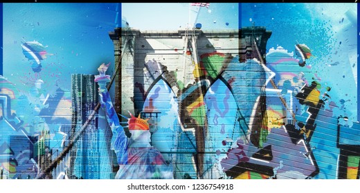 Surreal digital art. Brooklyn bridge and Liberty statue on New York's cityscape. Pieces of graffiti. 3D rendering
