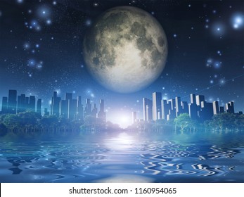 Surreal digital art. City surrounded by green trees in water world. Giant moon in the sky. 3D rendering