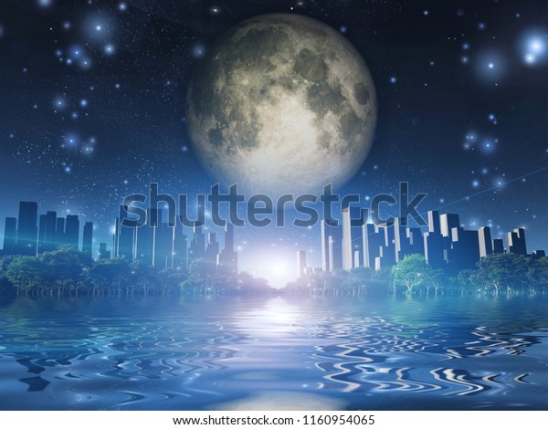 Surreal digital art. City
surrounded by green trees in water world. Giant moon in the sky. 3D
rendering