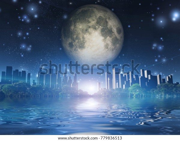 Surreal digital art. City\
surrounded by green trees in water world. Giant moon in the sky. 3D\
rendering