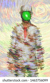 Surreal Digital Art. Man In White Corroded Suit With Green Apple Instead Of Face. Rene Magritte Inspired. 3D Rendering