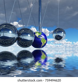Surreal digital art. Newton's pendulum. One of the balls represents planet Earth. 3D rendering.
