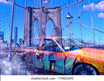 Surreal digital art. Yellow cab on the Brooklyn bridge. Graffiti elements. 3D rendering