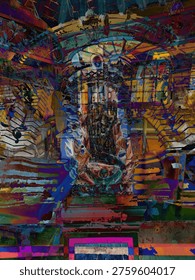 Surreal digital cathedral composition featuring layered Gothic architecture in vibrant amber, teal, and purple tones with complex geometric overlays and mystical atmosphere