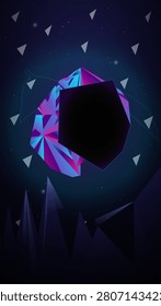 A surreal digital composition featuring a glowing, multifaceted purple and blue crystalline sphere with a dark hexagonal void at its center, floating against a deep cosmic background scattered with floating geometric shards and silhouetted jagged peaks.