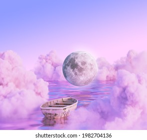 surreal dream cloud moon art 3d rendering