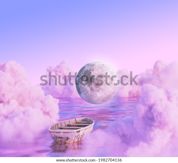 surreal dream cloud\
moon art 3d\
rendering