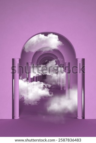 Similar – Image, Stock Photo A dreamlike scene of a windswept field with vibrant yellow flowers in motion, framed by a tranquil grove and a misty morning sky