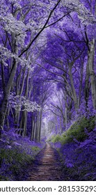 A surreal enchanted forest path surrounded by vibrant purple trees and lush foliage in a magical woodland setting.