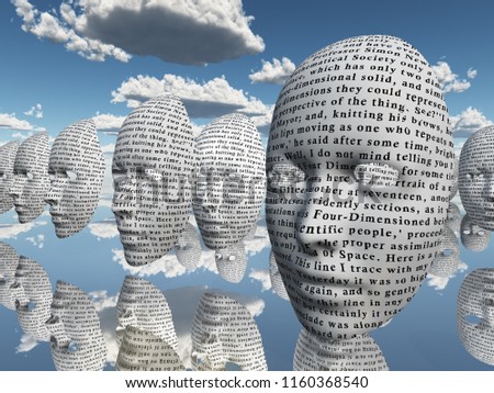 Surreal face with text hovers in cloudy sky. 3D rendering