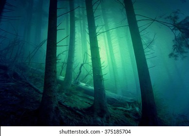 Surreal forest scene: illustration - digital oil painting