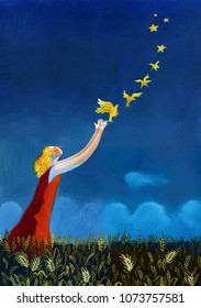 Surreal Girl Creating Stars Throwing Flying Canaries