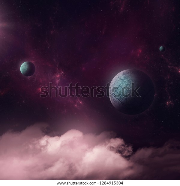 Surreal illustration, fantasy\
world with planets foating over clouds at night (no NASA images\
used)