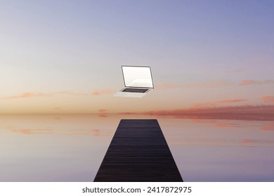 A surreal image capturing a laptop suspended in air at the end of a wooden pier overlooking a serene water backdrop under a pastel sunset sky. - Powered by Shutterstock