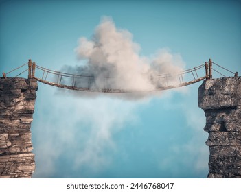 Surreal image of a cloud standing on a rope bridge. THIS IS A 3D RENDER ILLUSTRATION.