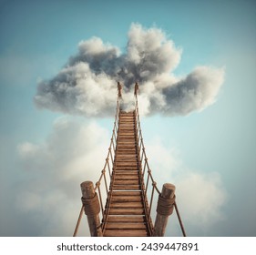 Surreal image of a rope bridge to a cloud. The concept of adventure or getaway. THIS IS A 3D RENDER ILLUSTRATION. - Powered by Shutterstock