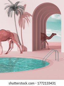 Surreal Imaginary Dreamy Terrace, Over Beach Or Desert Landscape With Cloudy Sky, Potted Palm Tree, Archways, Round Swimming Pool, Camels Walking Around, Metaphysical Interior Design, 3d Illustration