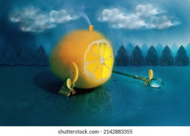 Surreal landscape with a house of lemon and characters of seeds in the forest in the rain.