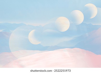 Surreal landscape with multiple moons background. Moons create dreamy, surreal effect. Surreal and dreamlike scene background. Abstract modern background design.