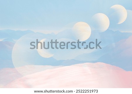 Similar – Image, Stock Photo A dreamlike scene of a windswept field with vibrant yellow flowers in motion, framed by a tranquil grove and a misty morning sky