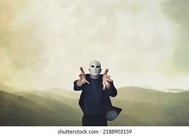 surreal man with mask welcomes life with open arms