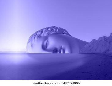 Surreal Modern Conceptual Art Poster With Ancient Statue Face And Sky. Collage Of Contemporary Art.