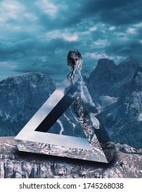 Surreal mountain landscape with Penrose triangle, optical illusion concept, impossible frame, hunter and hunted idea, 3d illustration
