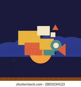 A surreal nighttime composition of geometric shapes including rectangles, triangles, and circles forming an abstract structure against a dark blue sky with rolling hills and a glowing orange sun.