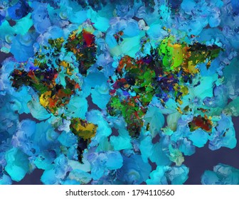 Surreal painting. Colorful world map. Brush strokes. 3D rendering
