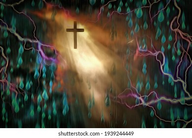 Surreal painting. Cross in ray of light. Raindrops. 3D rendering