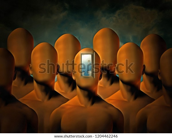 Surreal painting. Faceless men. One of them\
with open door instead of face. Door symbolizes pathway to another\
world. 3D\
rendering