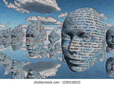 Surreal Painting. Faces In The Sky. 3D Rendering