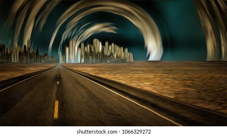 Surreal Painting. Gleaming City In Desert With Surreal Clouds. 3D Rendering