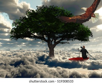 Surreal Painting. Man Floats In Red Umbrella.   3D Rendered