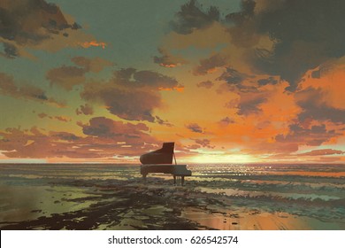 Surreal Painting Of Melting Black Piano On The Beach At Sunset, Illustration Art