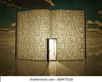 Surreal Painting. Opened Door In Open Book With Story.   3D Render