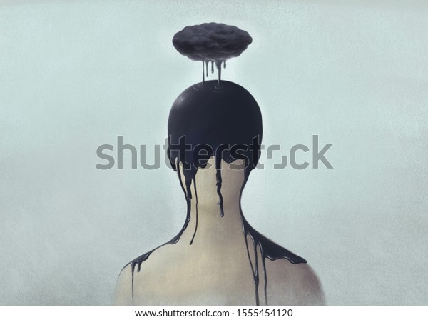 悲しみと憂鬱の人間の超現実的な場面 感情のコンセプト 単独 孤独 心理学 メンタルヘルス 絵画イラスト 想像力 のイラスト素材