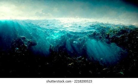 Surreal scenery in the deep sea  3d Illustration ocean depths blurred background